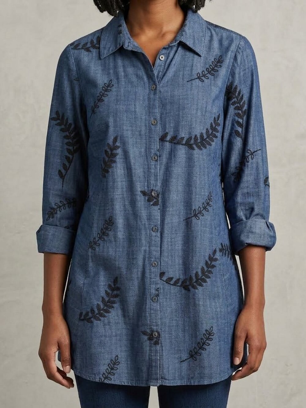 Soft Surroundings Papyrus Leaf Chambray Tunic Shirt Medium Embroidered Blue